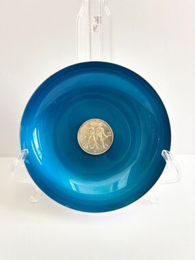 Vtg Reed & Barton MCM 193 Gemini Astrology Coin Dish Zodiac Blue Silver 5.75”